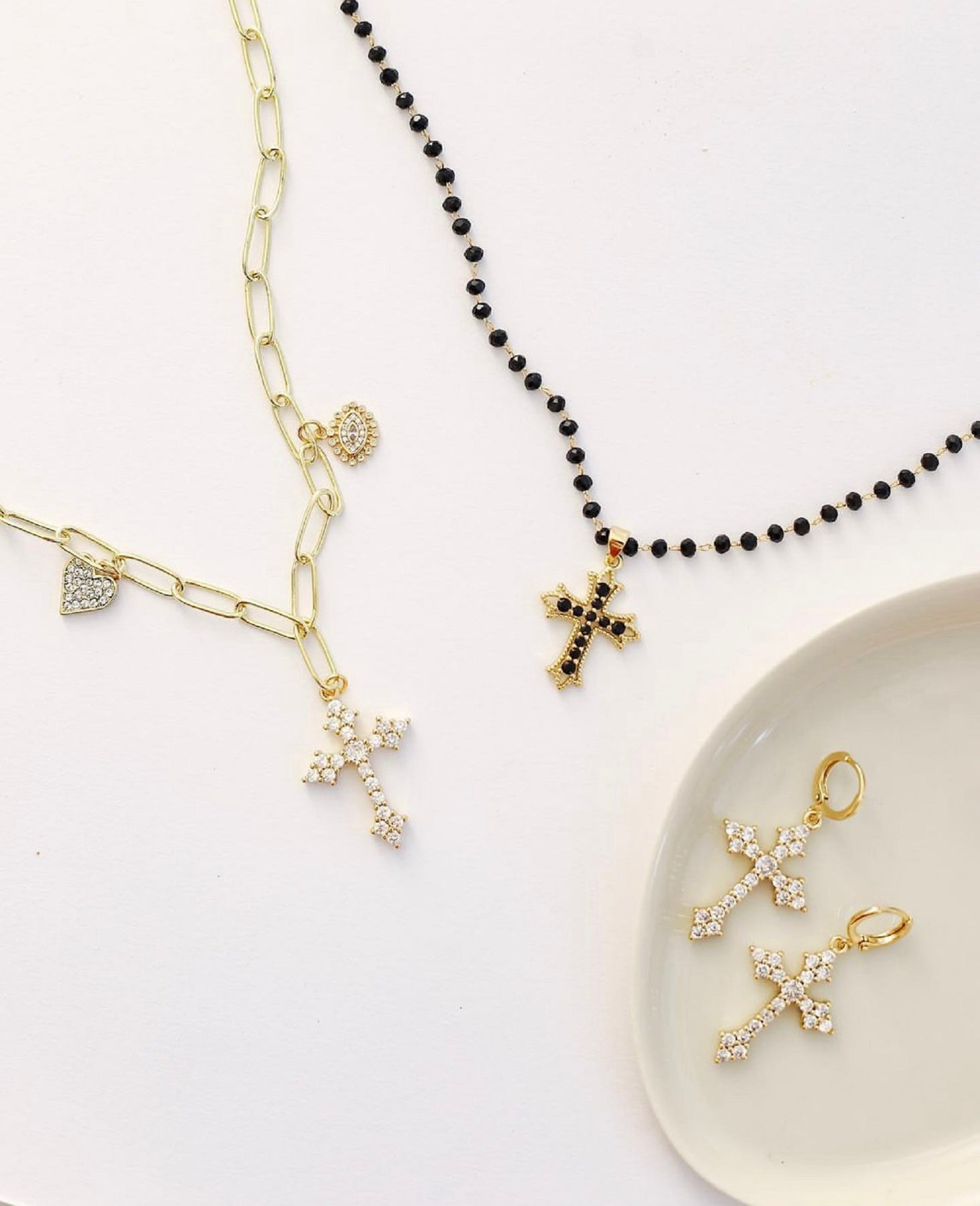 Diamond Cross Dangle Earrings - 14K Gold Plated Cubic Zirconia Crystal Earrings - Cross Earrings, CZ Hoop Huggies, Christian Jewelry for Women, Dangling Cross Huggies