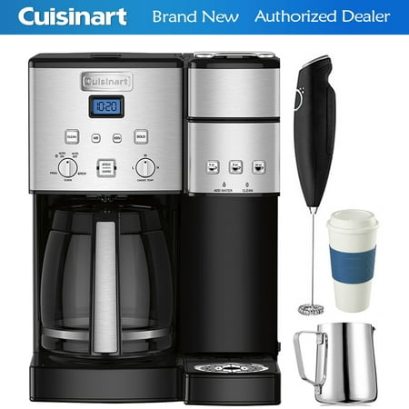 Dual Coffee Makers Cuisinart 12-Cup Coffee Maker and Single-Serve Brewer Stainless Steel (SS-15) with Milk Frother - Handheld Electric Foam Maker For Coffee, Milk Frothing Pitcher & Reusable To Go Mug Blue ()