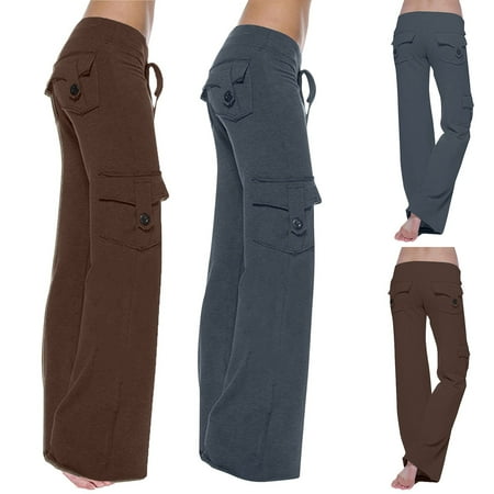 Womens Cargo Pants, Women High Waist Casual Workout Wide Leg Pants with Pockets Button Stretch Leggings Gym Sweatpants Best Clearance Deals Today My Oders #1
