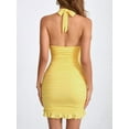 thumbnail image 3 of Women Halter Deep V Neck Ruched Bodycon Dress Summer Mesh Hem Cocktail Club Party Short Mini Dresses Light Yellow XS, 3 of 8