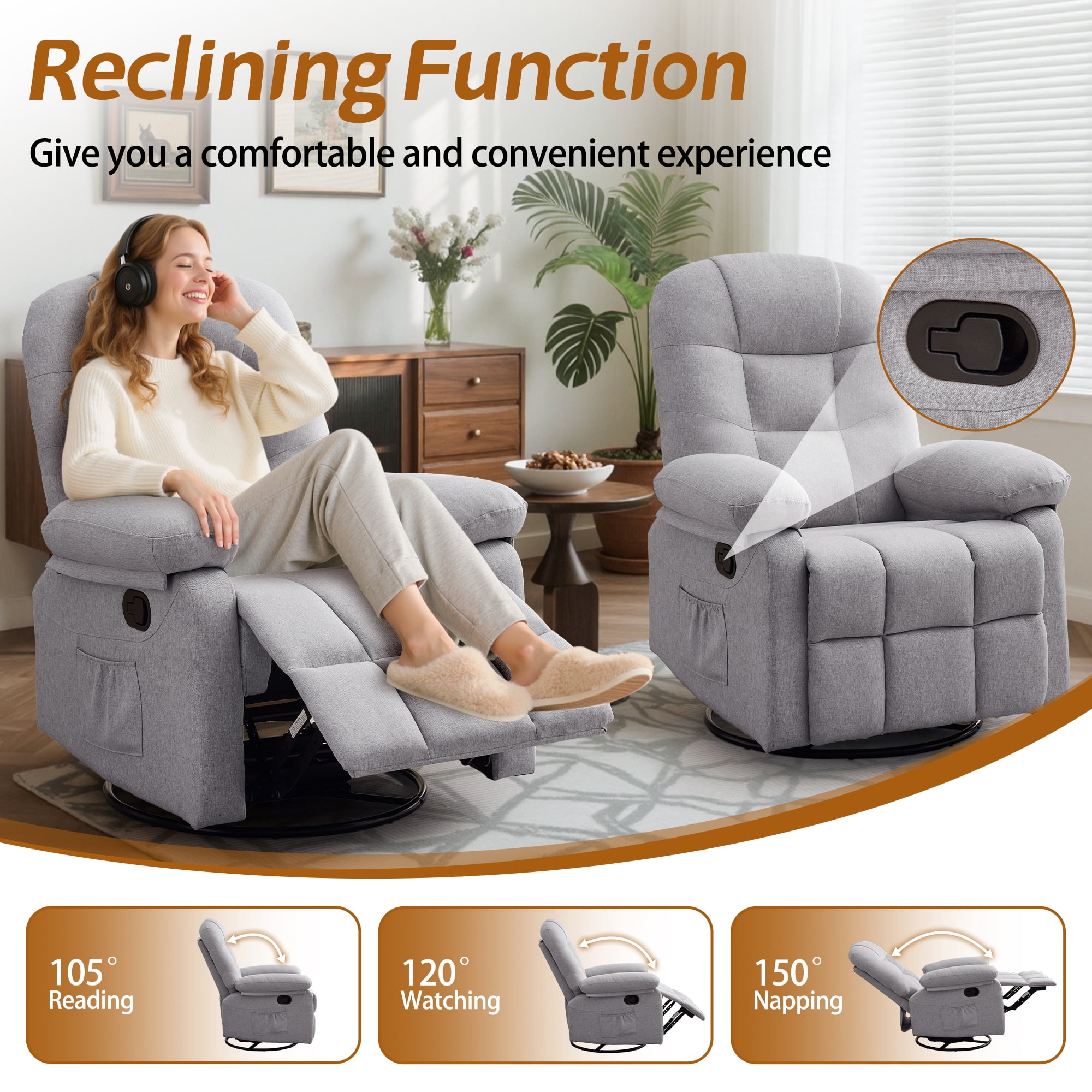 Korser Manual Swivel Rocker Recliner Chair for Living Room,Small Recliner Sofa for Small Spaces,Linen Fabric,Light Grey