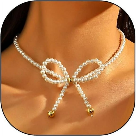 Pearl Beads Bow Necklace for Women Cute Bow Choker Necklace Pearl Bowknot Necklaces Trendy Chain Ribbon Knot Necklace for Women Jewelry Gift