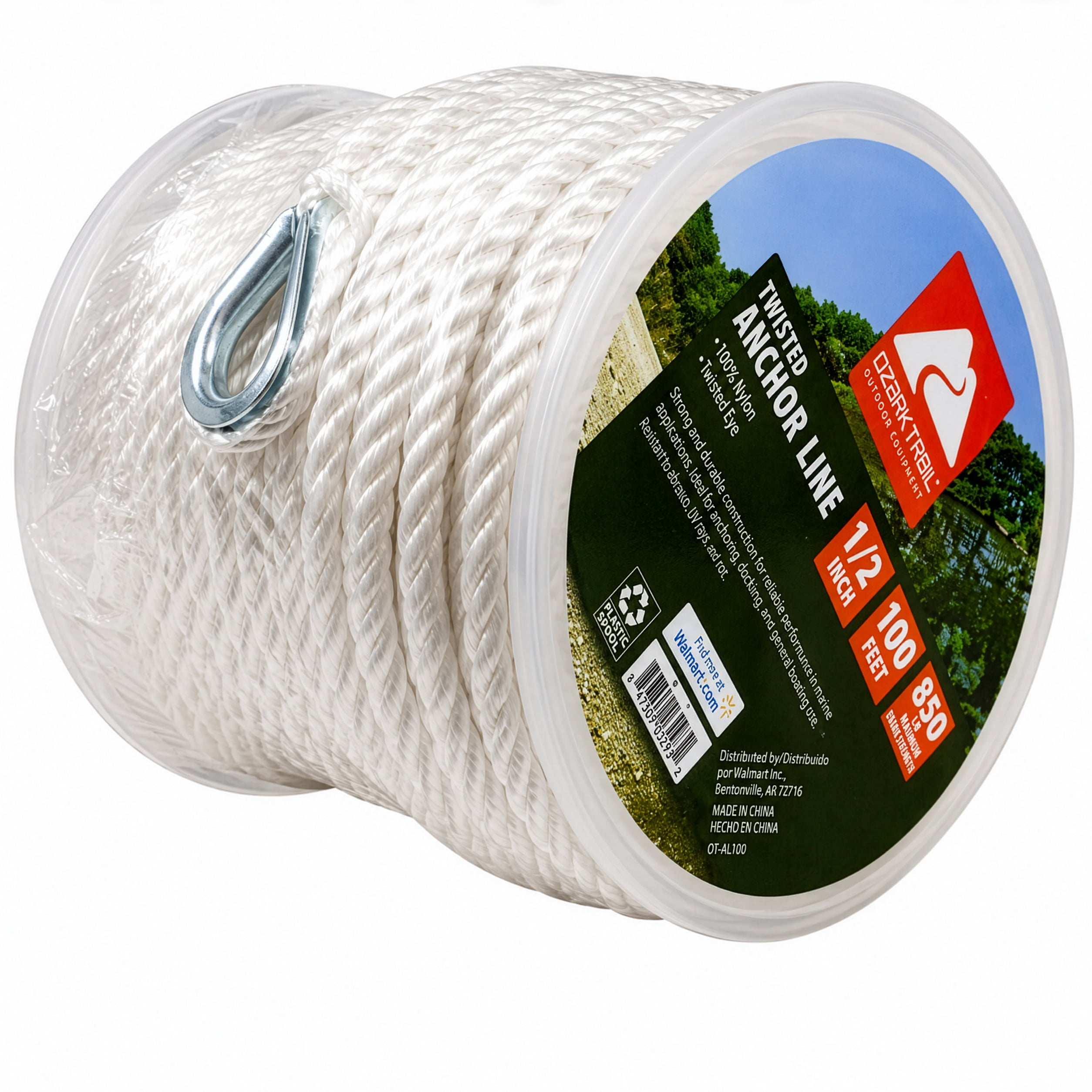Ozark Trail 1/2 in x 100 ft Twisted Nylon Marine Anchor Line, White, 850 lb Working Load