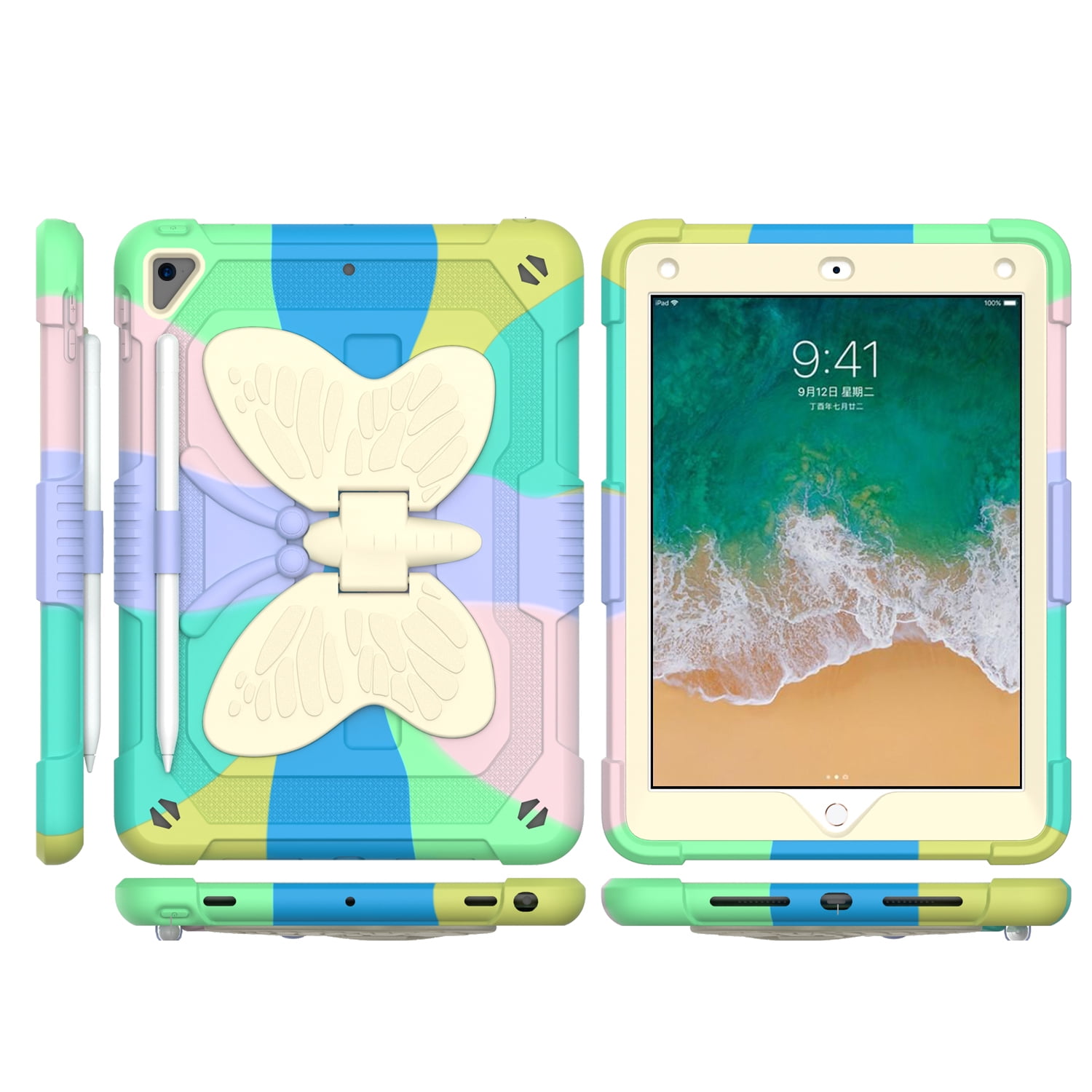 Case For Apple iPad Air 4 / iPad Air 5 / iPad Pro (11 inch) Butterfly Wings Kickstand 3in1 Tough Hybrid with Pencil Holder Heavy Duty Rugged Shockproof Full Protective Tablet Cover [ Rainbow ]