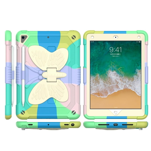 For Apple iPad 8/7 10.2 inch Butterfly Kickstand 3in1 Tough Hybrid Case Cover with Shoulder Strap - Colorful Green