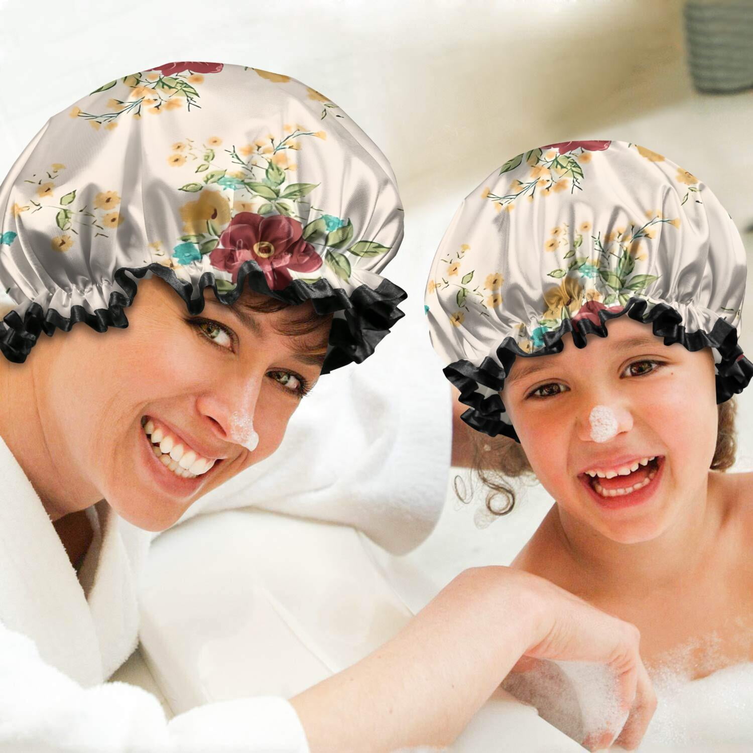 Shower Caps,Pioneer Flower Floral Print Pattern Waterproof Shower Cap for Women 4 Pieces,Double Reusable Hair Cover for Shower PEVA Elastic Stretch Hem