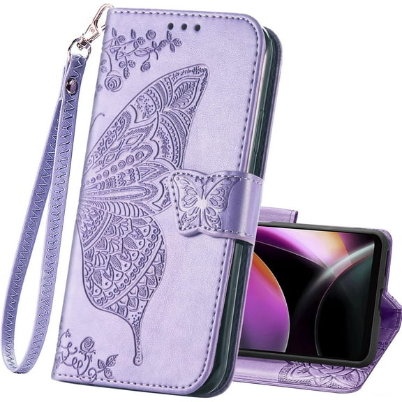 Wallet Case for Moto G 5G 2022,PU Leather Flip Protective Phone Case Wrist Strap Card Slots Holder Pocket Emboss Butterfly Flower Stand Case for Motorola Moto G 5G 2022 Light Purple