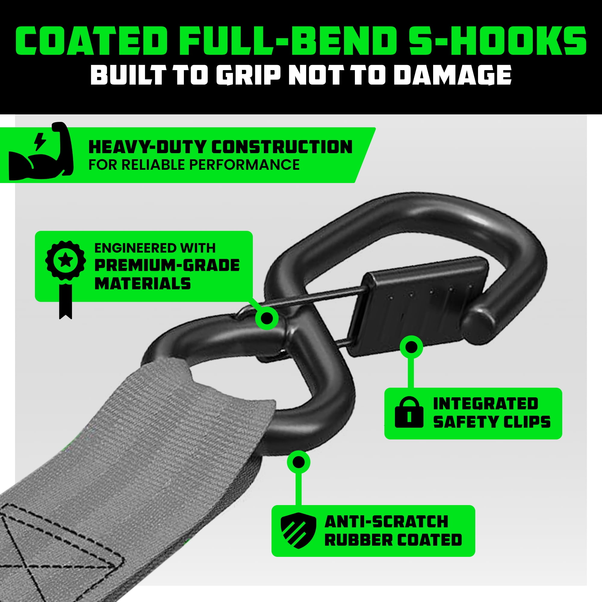 Rhino USA Heavy Duty 2" x 10' Retractable Ratchet Straps 3,033lb Break Strength (Gray 4-Pack)