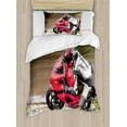 thumbnail image 1 of Teen Room Duvet Cover Set Twin Size, Racing Motorcycle Athlete in Speed Turning on the Road Activity Colorful Picture, Decorative 2 Piece Bedding Set with 1 Pillow Sham, Multicolor, by Ambesonne, 1 of 3