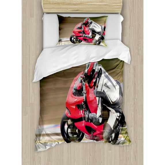 Teen Room Duvet Cover Set Twin Size, Racing Motorcycle Athlete in Speed Turning on the Road Activity Colorful Picture, Decorative 2 Piece Bedding Set with 1 Pillow Sham, Multicolor, by Ambesonne