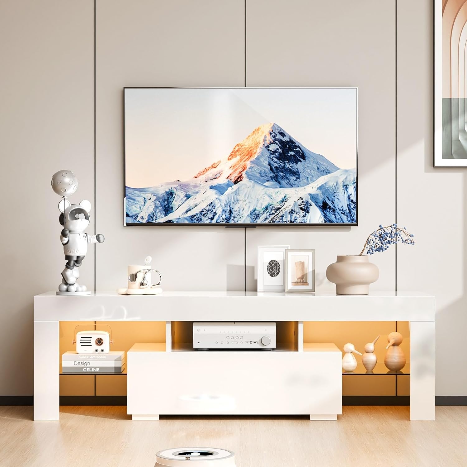 YWEN 51'' LED TV Stand, High Glossy Modern Entertainment Center with LED Lights and Storage for 40/43/50/55 Inch TV (White, 51'' x 14'' x 18'')
