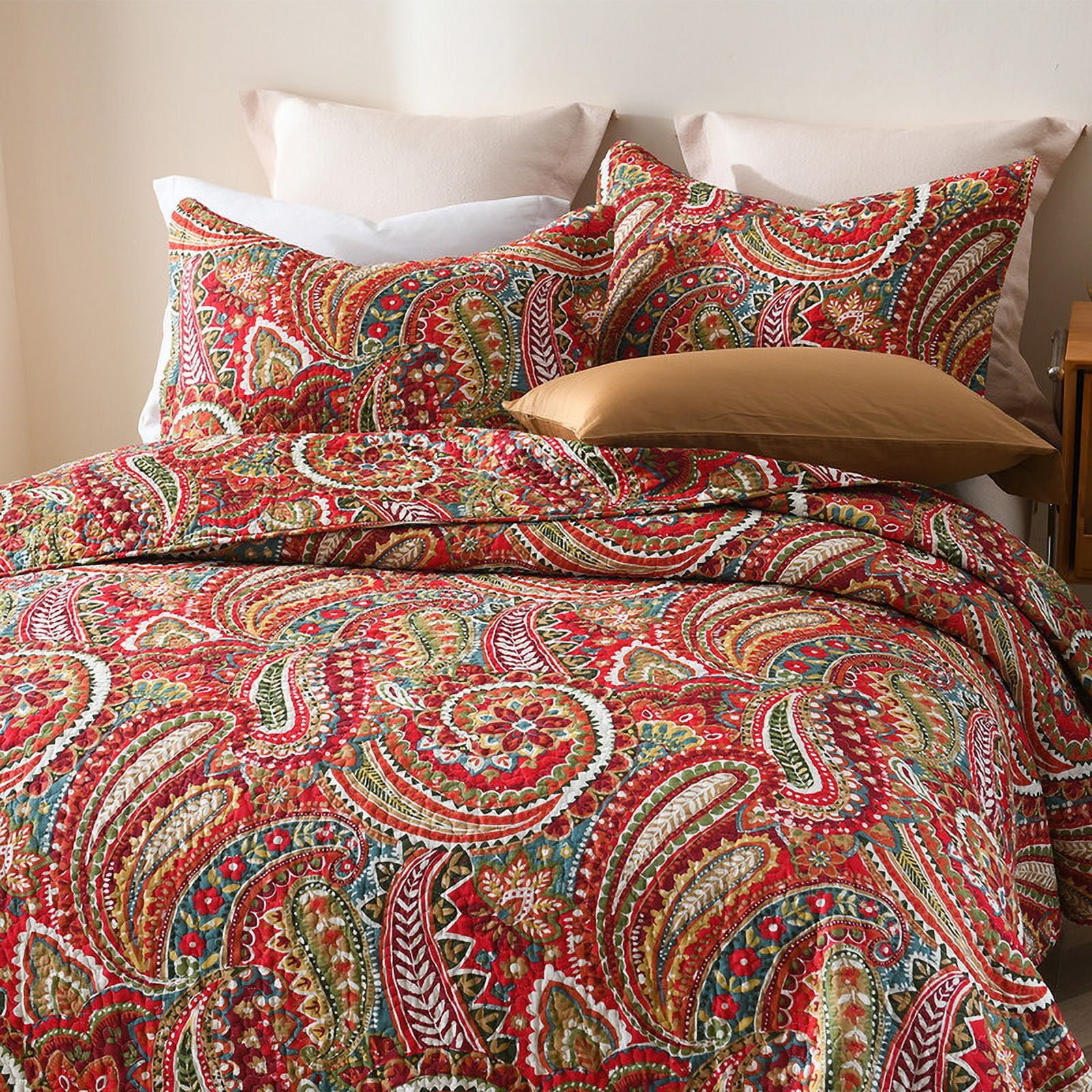 Visimisi 100% Egyptian Cotton Bedspread Quilt Sets Reversible Bedding Coverlet Sets Comforter, Floral Paisley Bedspread (Red, King Size)