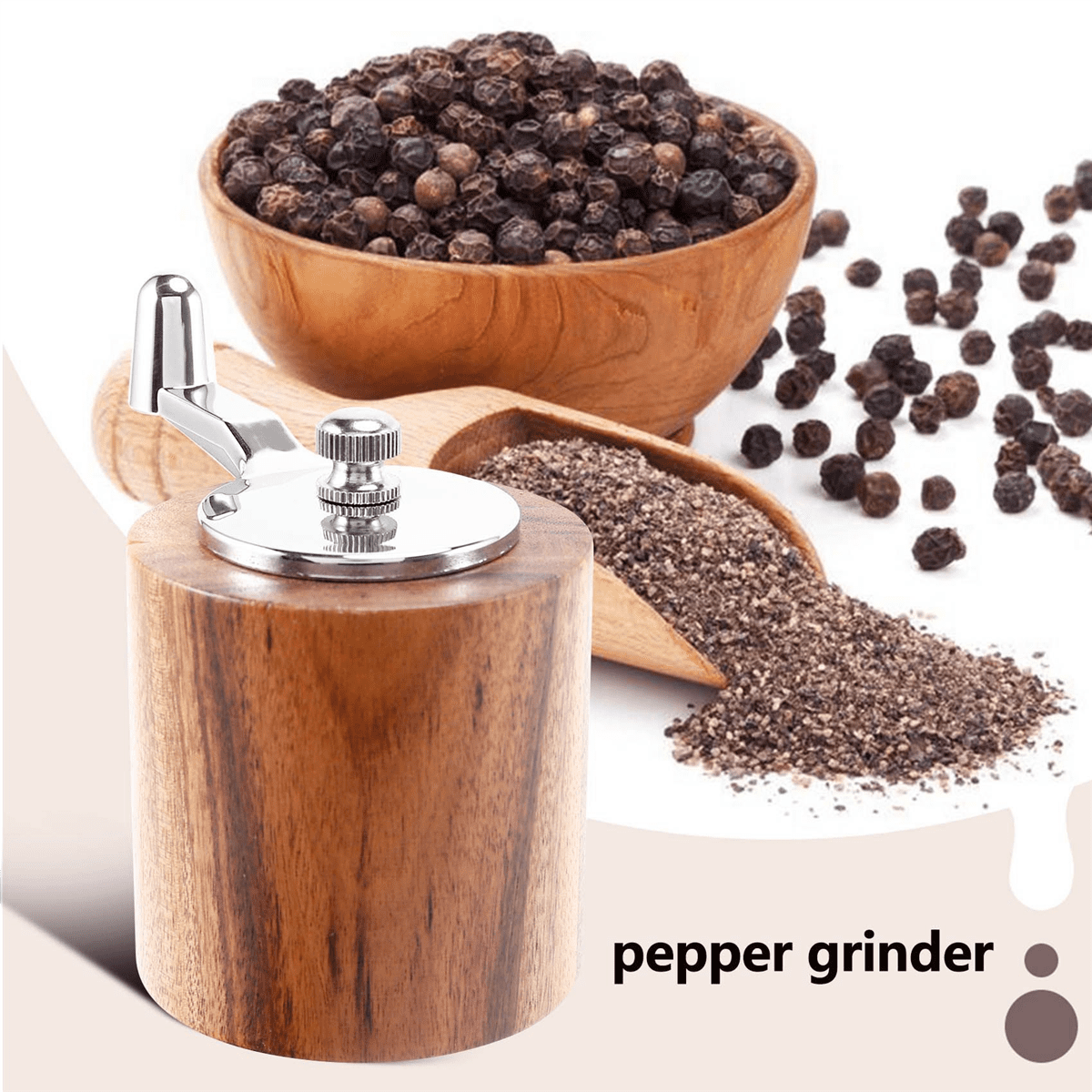 5X Pepper Mill, Hand Crank Wood Pepper Grinder with Classic Handle and Adjustable Ceramic Rotor