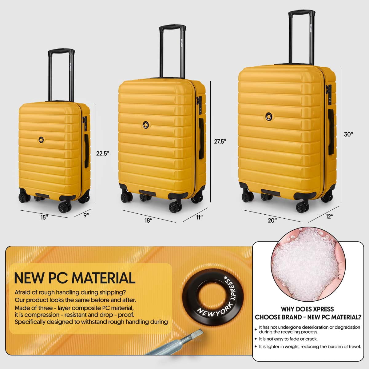 3 Piece Hardshell Luggage Set Expandable Hardside Suitcase with Spinner Wheels and TSA Lock, Lightweight Carry on and Checked Luggage 20" 25" 29", Yellow, LA13601