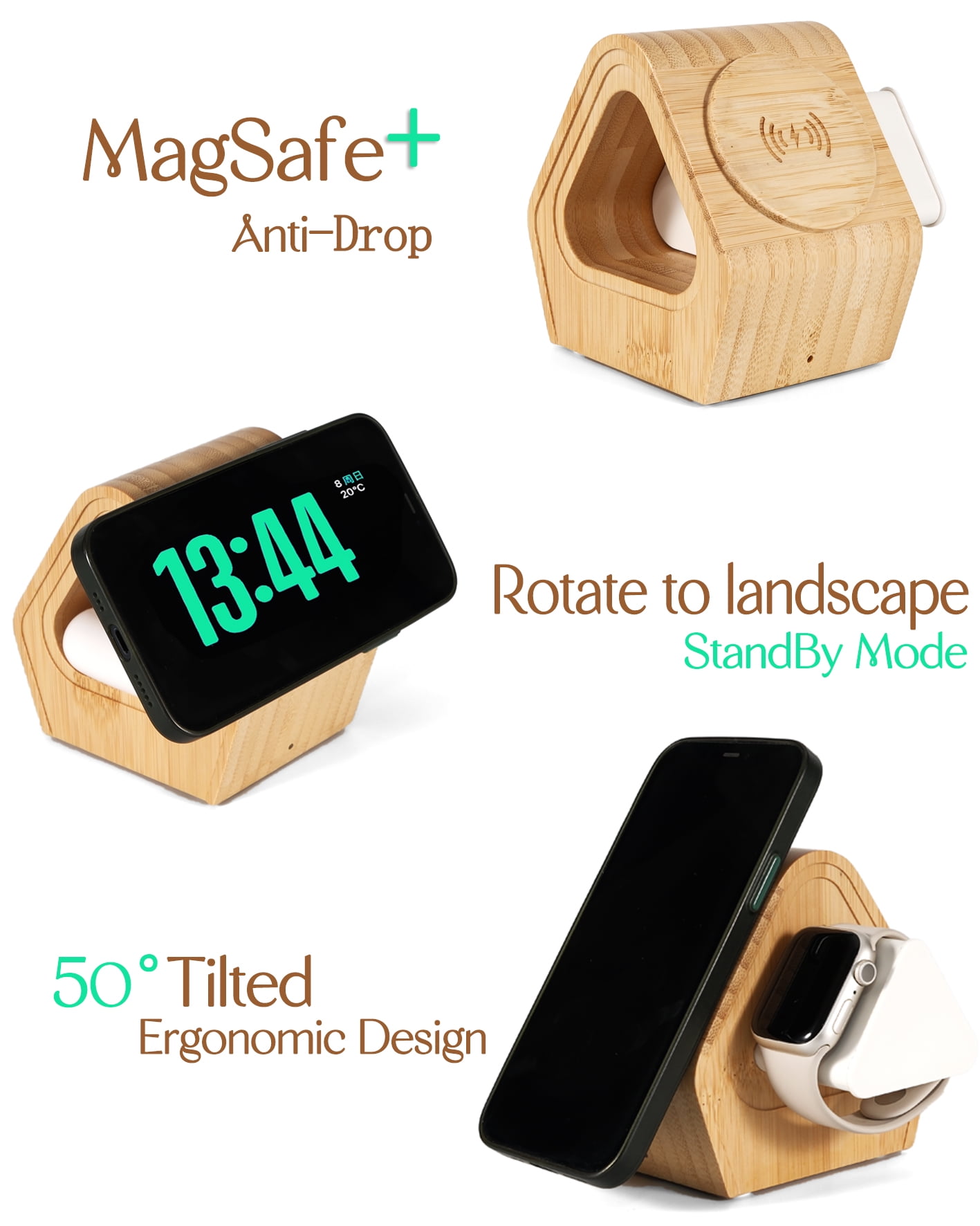 Bamboo Wireless Charging Station for Apple: 3-in-1 Charger Stand with Cabin Style for iPhone 17 16 15 14 13 Series, Apple Watch 10-2, Ultra, and AirPods 4-2, Pro, MagSafe Wireless Charger 20W Adapter