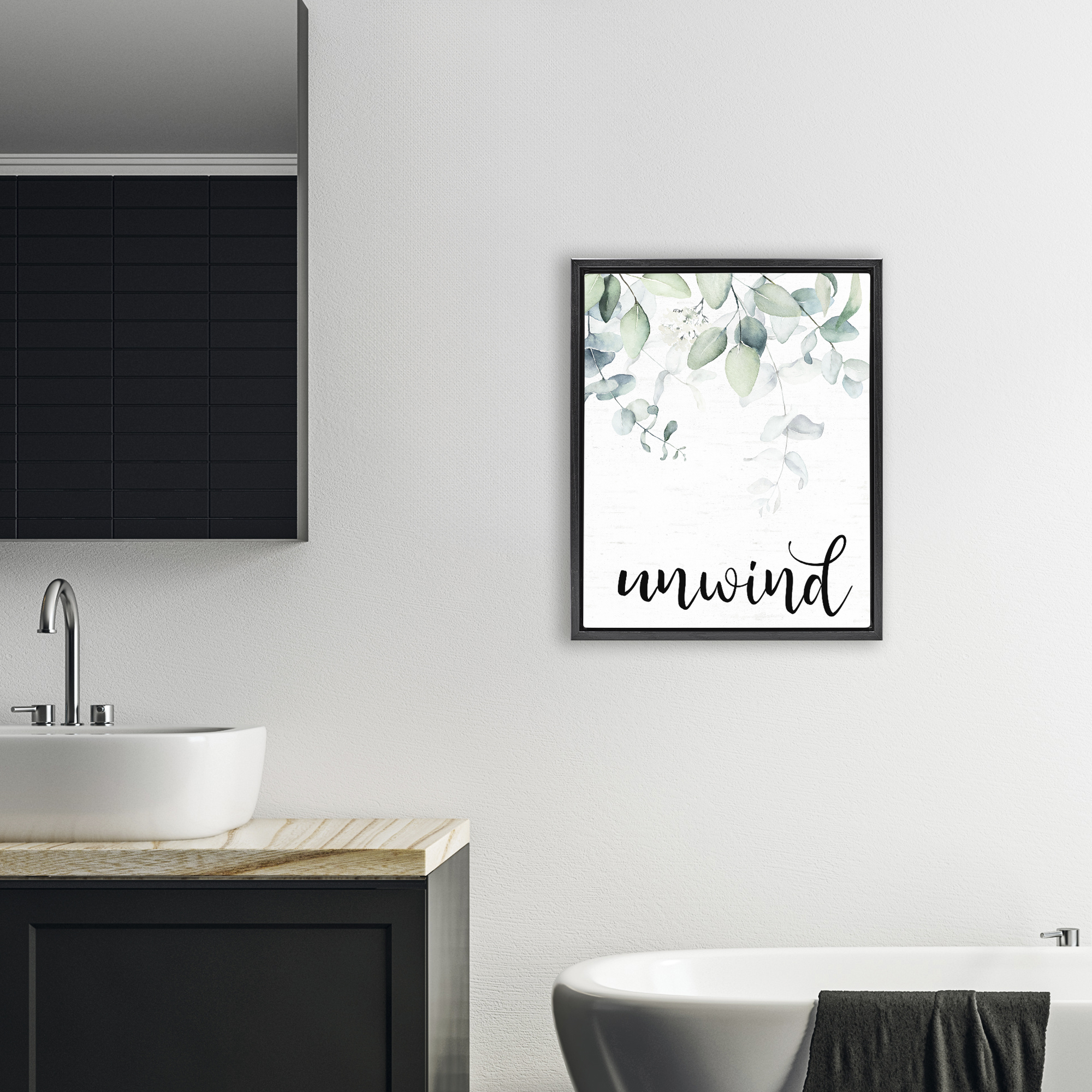 Unwind Leafy Herbs Black Framed Floater Canvas Wall Art, design by Lettered and Lined