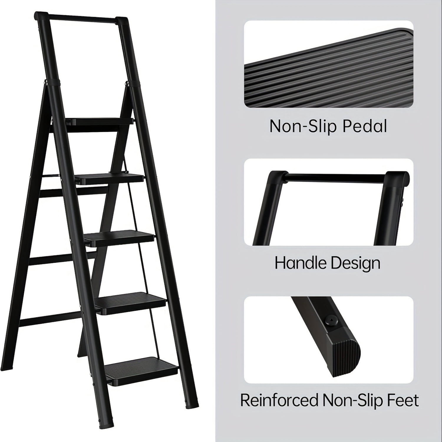 Alvantor 5 Step Folding Ladder, Lightweight Folding Step Stool with Wide Anti-Slip Pedal and Top Handrail for Home & Kitchen, 330lb Capacity