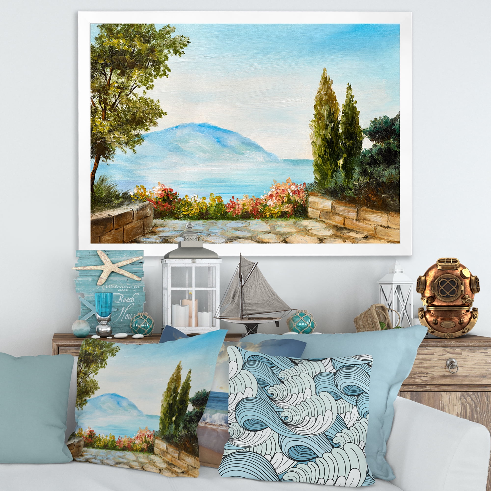Designart 'Beautiful Mountains View By The Sea Side' Nautical & Coastal Framed Art Print