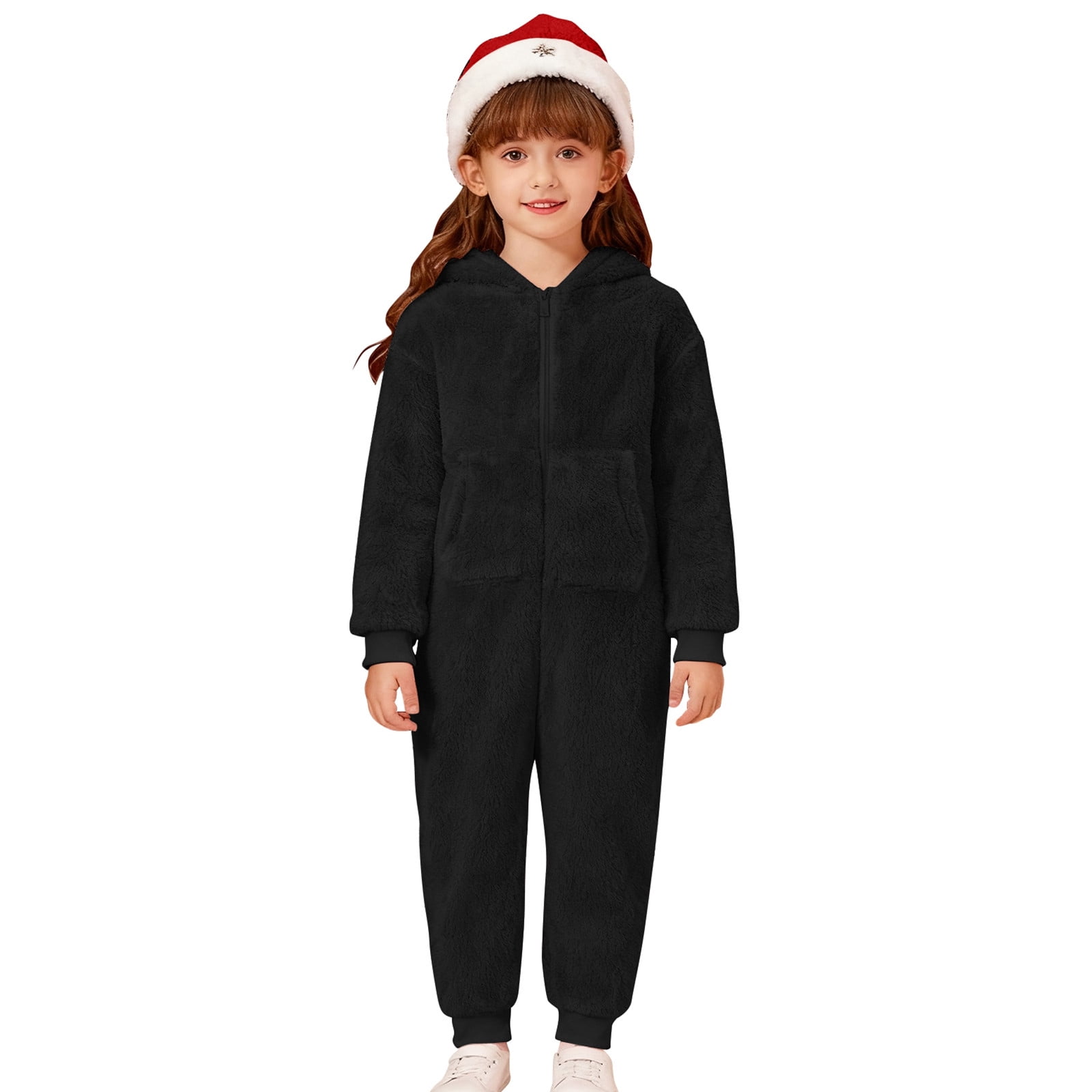 Tiweut Kids Onesie Pajamas Jumpsuit Boys Girls Warm Sherpa Lined Romper Zipper Hooded Cute Playsuit Sleepwear,Black,2Y