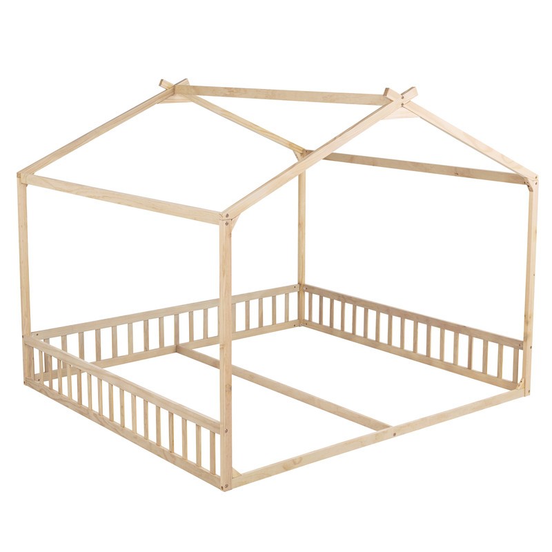 Double Twin Size House-Shaped Canopy Floor Bed with Safety Guardrails, Kids Wooden Low Profile Bed Frame with Open Roof Design