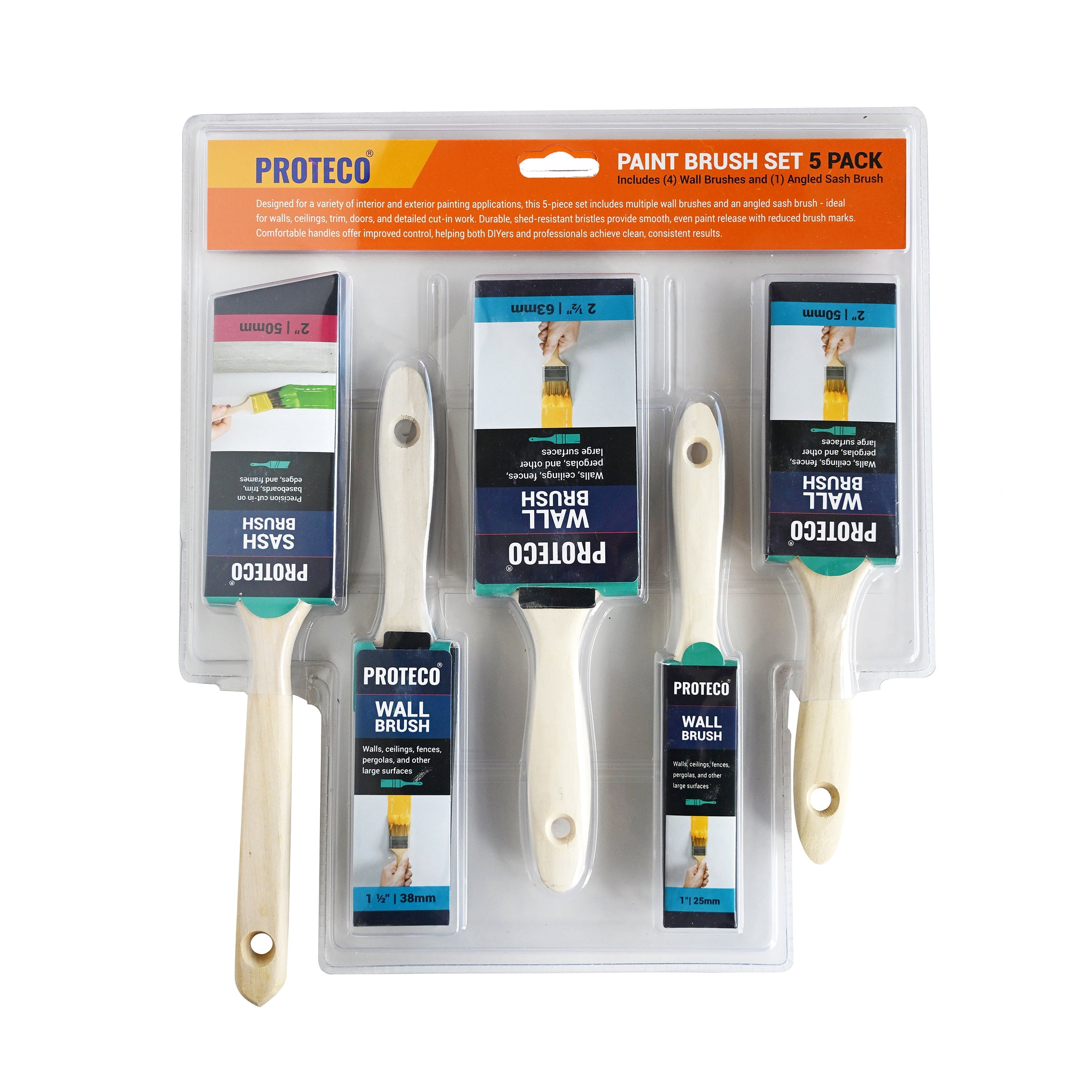 Proteco Multisize Paint Brush Set (5-Piece), 2 in. Premium Thin Angle Sash, 1 in., 1-1/2 in., 2 in., 2-1/2 in.