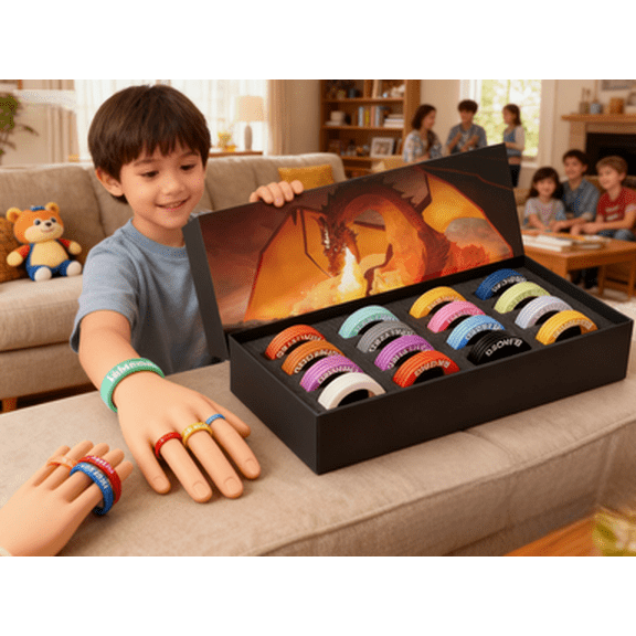 Fantasy RPG Condition Ring Set with Dragon-Themed Box: Color-Coded Status Markers for Tabletop Games