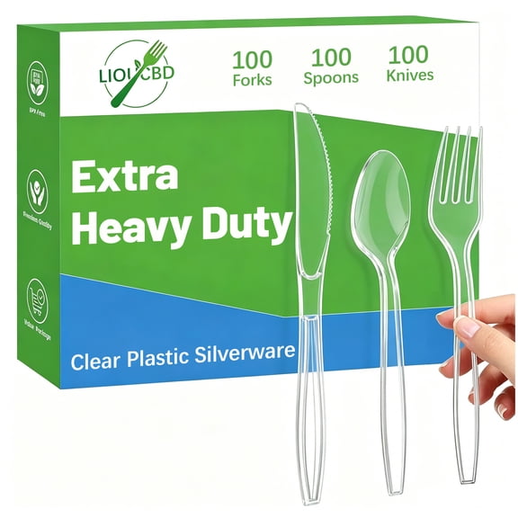 300 Count Heavy Duty Plastic Silverware, BPA-Free, Clear Plastic Cutlery Set, Premium Disposable Utensils for Party Everyday Use, 100 Forks, 100 Spoons and 100 Knives