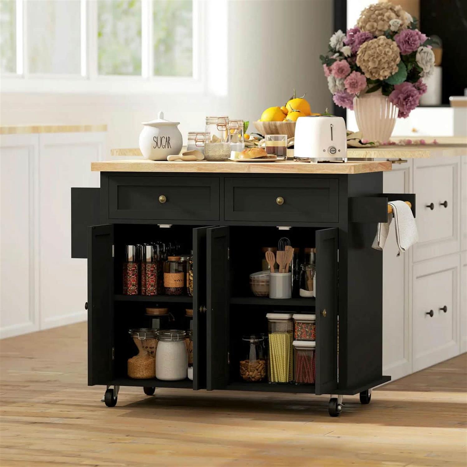 Demi Bonn 43" Modern Rolling Kitchen Cart with Spice Rack, Mobile Island for Kitchen, Easy Storage, Space-Saving Design, Black