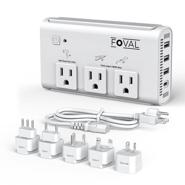 Convertidor de Voltaje FOVAL 220V a 110V 2000W USB-C 4 Puertos