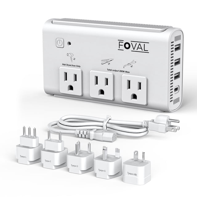Convertidor de Voltaje FOVAL 220V a 110V 2000W USB-C 4 Puertos