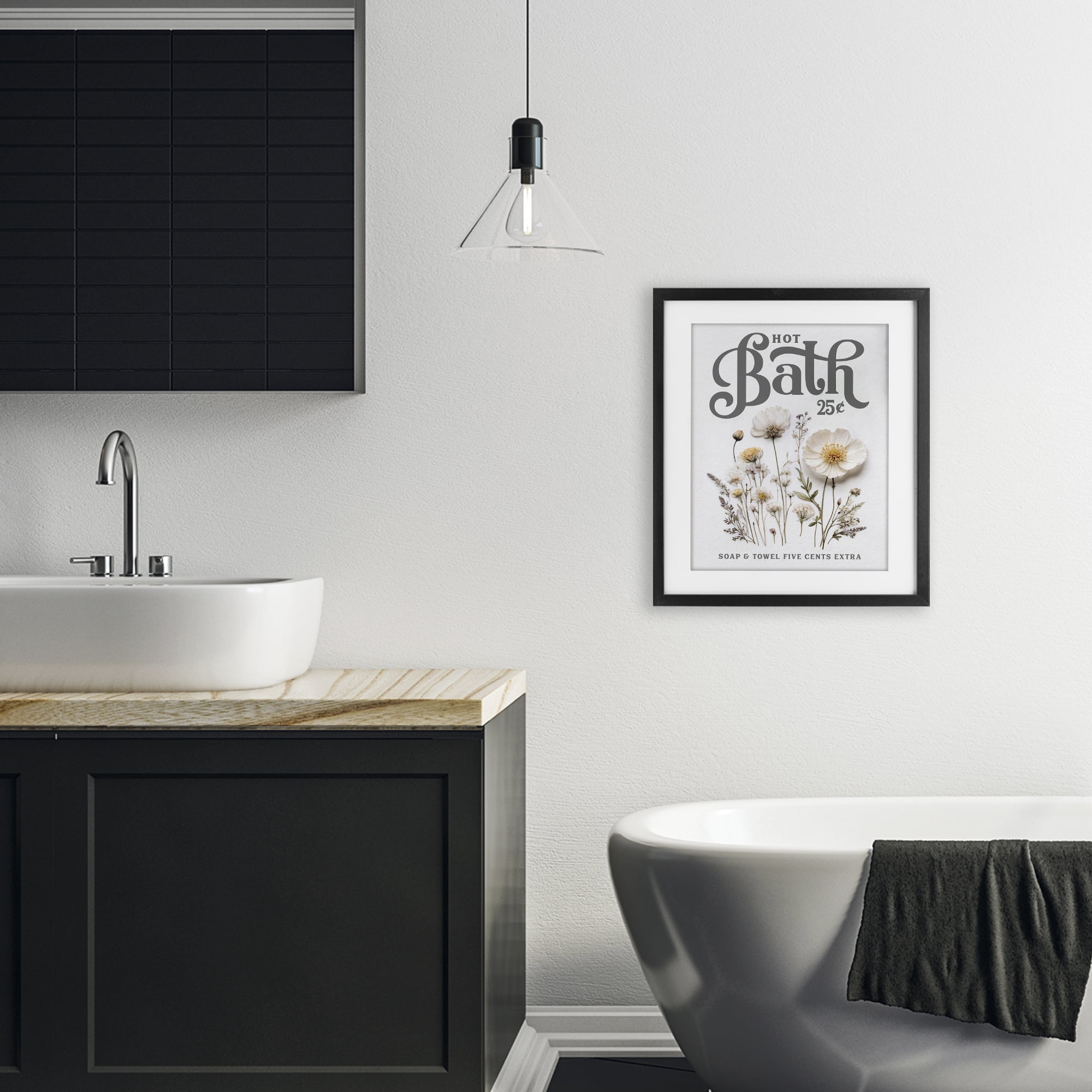 Pressed Flowers Hot Bath Black Framed Print Under Glass, design by Lettered and Lined