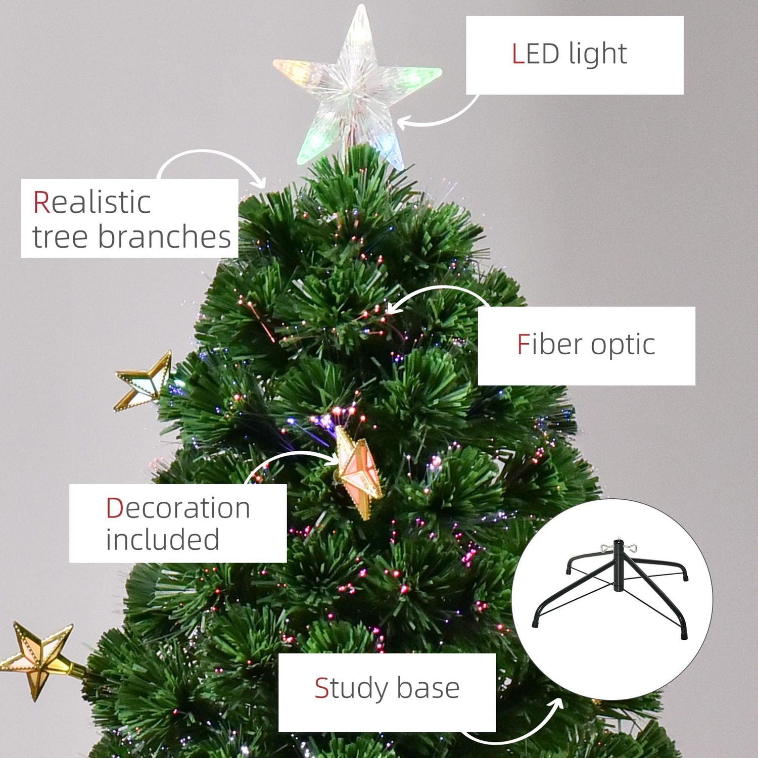 HOMCOM Arbre de Noël artificiel sapin de Noël artificiel de 5 pieds de haut 7 couleurs lumineux 24 LED et fibre optique 24 abat-jour étoiles 170 branches en PVC vert