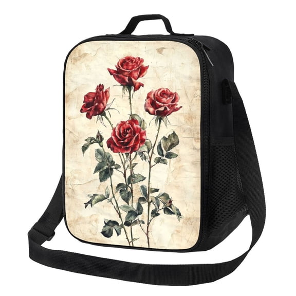 Red Rose Flower Lunch Bag Reusable Lunch Box Insulated Tote Bag with Adjustable Shoulder Strap