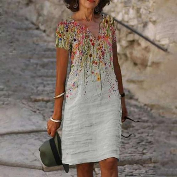 Summer Dresses for Women 2022, LOVE DOCK Ladies Summer Dress for Women V Neck Casual Fashion Printed Mid Sleeve Short Dress 2022 Travel Vacation
