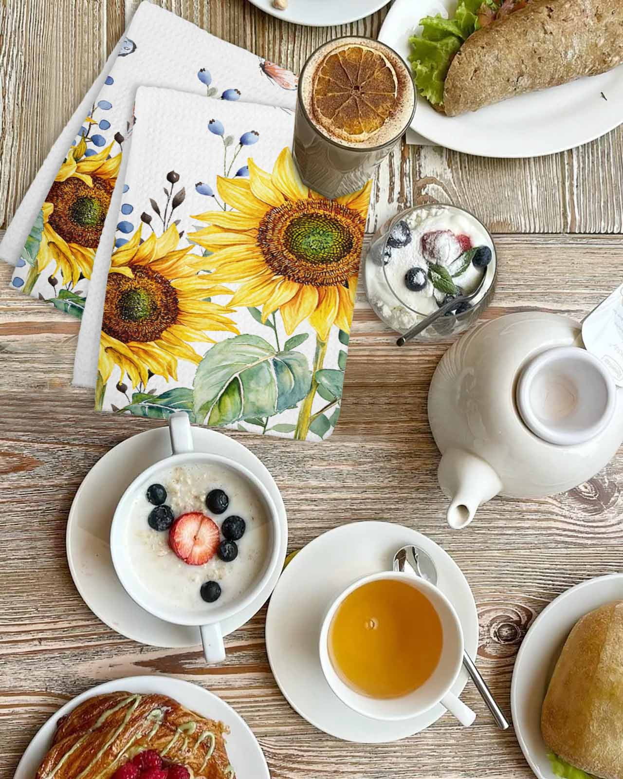 Sunflower Kitchen Dish Towels for Drying Dishes Set of 2, Yellow Floral Summer Botanical Waffle Weave Microfiber Terry Hand Tea Bathroom Towels Quick Dry & Absorbent Towel 15.7x23.6
