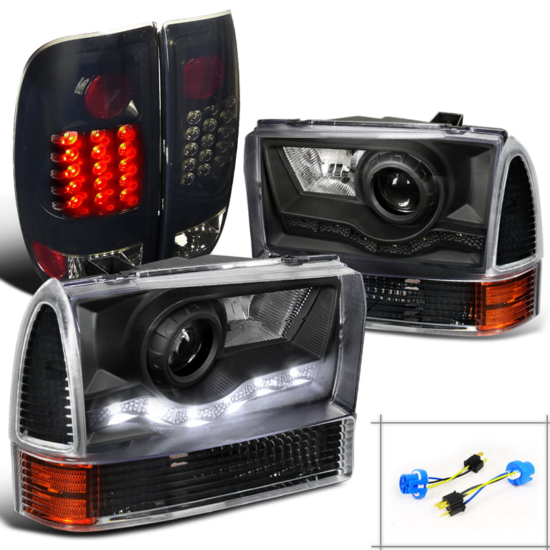 For 1999-2004 F250 Black Halo Projector Headlights+LED Tail+Smoke 3rd Brake Lamp