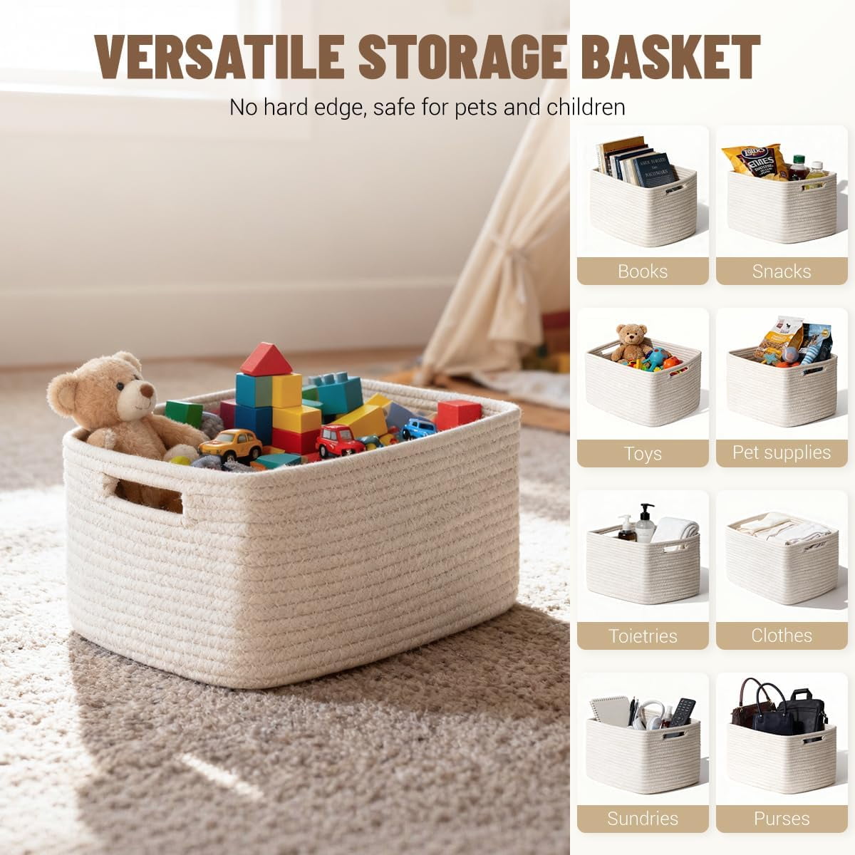 Woven Storage Baskets for Shelves, Decorative Basket Organizer Storage Bins for Toys, Books, Clothes, Closet, Nursery, Bathroom – Cotton Rope Shelf Baskets for Organizing, Khaki & White