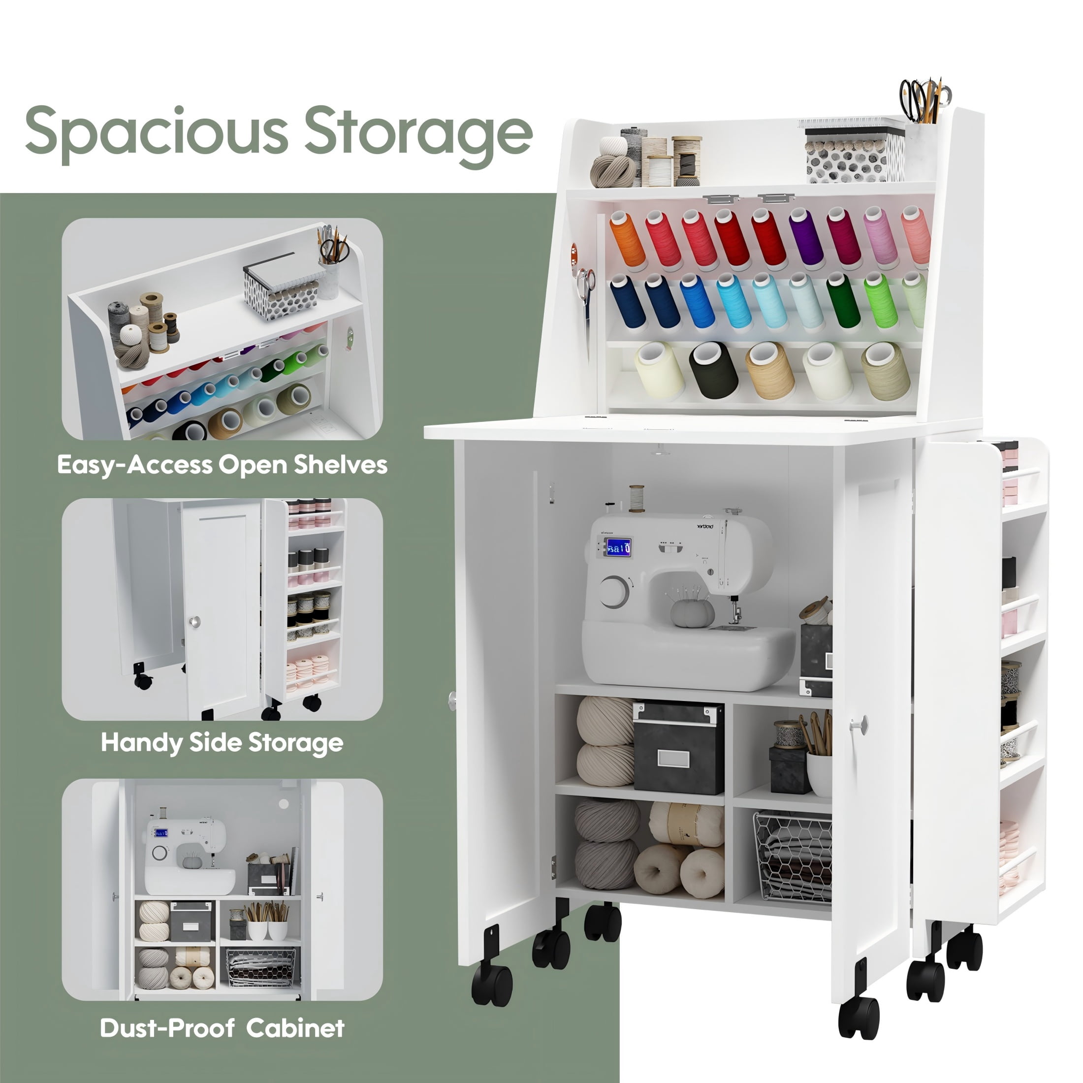 WARAYZ  Sewing Table & Storage Cabinet, Built-in Power Outlets, Spool Racks, Mobile Craft Desk with Lockable Wheels for Small Spaces, White