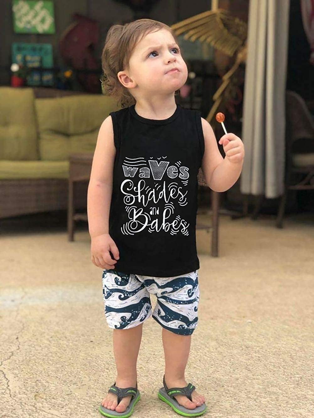 Infant Toddler Baby Boy Outfits Waves Shades and Babes Black Sleeveless Vest Top Wave Pattern Shorts Clothes Set