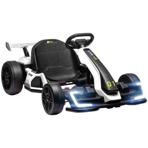 24V Electric Go Kart for 6-12, 7.5 MPH Drifting Ride On Toy with Adjustable Seat, Battery Powered Car with Music and Lights, White