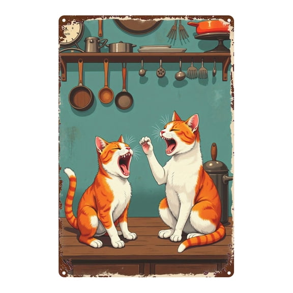 This kitchen cat tin painting is a retro and creative wall decoration with an distressed effect. Suitable for homes, restaurants, cafes, bars, or garages, it's an ideal choice for room dcor.