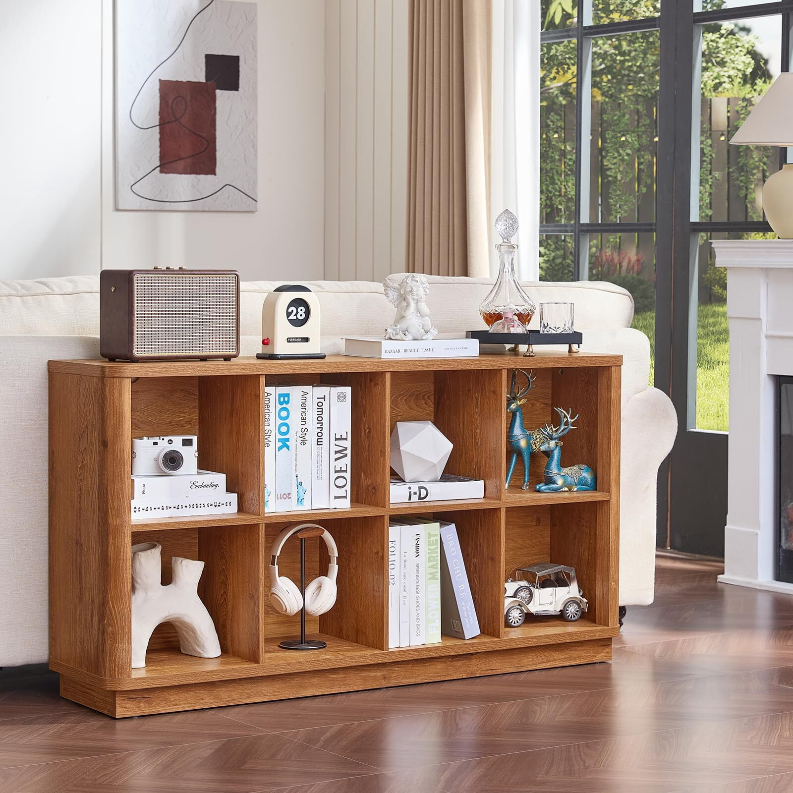 Buildhom 8-Cube 2-Tier Storage Bookcase, 52" Long Horizontal Bookshelf with Curved Edge for Living Room, Tea Color