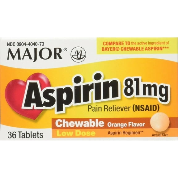 Major Children's Chewable Aspirin Orange Flavor Tablets, 81 mg, 36 Count