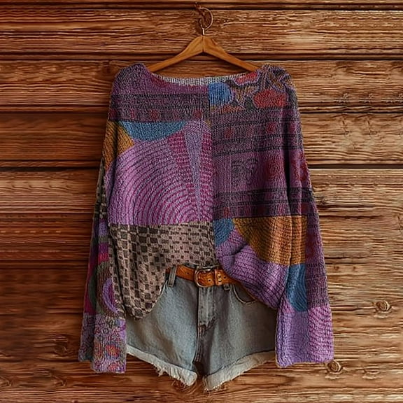 Ayfxijin Pullover Sweaters for Women,Women's Pullover Winter Bohemian Printed Long Sleeved O-Neck Oversized Top