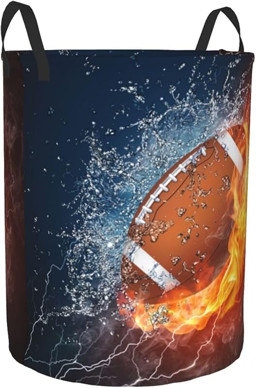 American Football Ball In Fire And Water Round Laundry Hamper Sport Rugby Storage Basket Toys Clothes Organizer Bin For Home Bathroom Bedroom Dorm Nursery