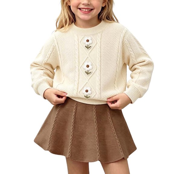 Mifsaly Toddler Girls 2 Piece Knit Outfit Set Cable Knit Crew Neck Sweater with Floral Applique and Knit A-Line Skirts