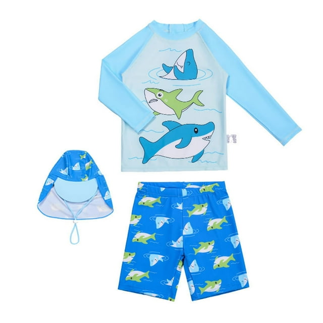 Sunnyoo Little Boys Cartoon Shark Print Rash Guard & Swim Trunks & Hat 3Pcs Swimsuit, Sizes 3-13