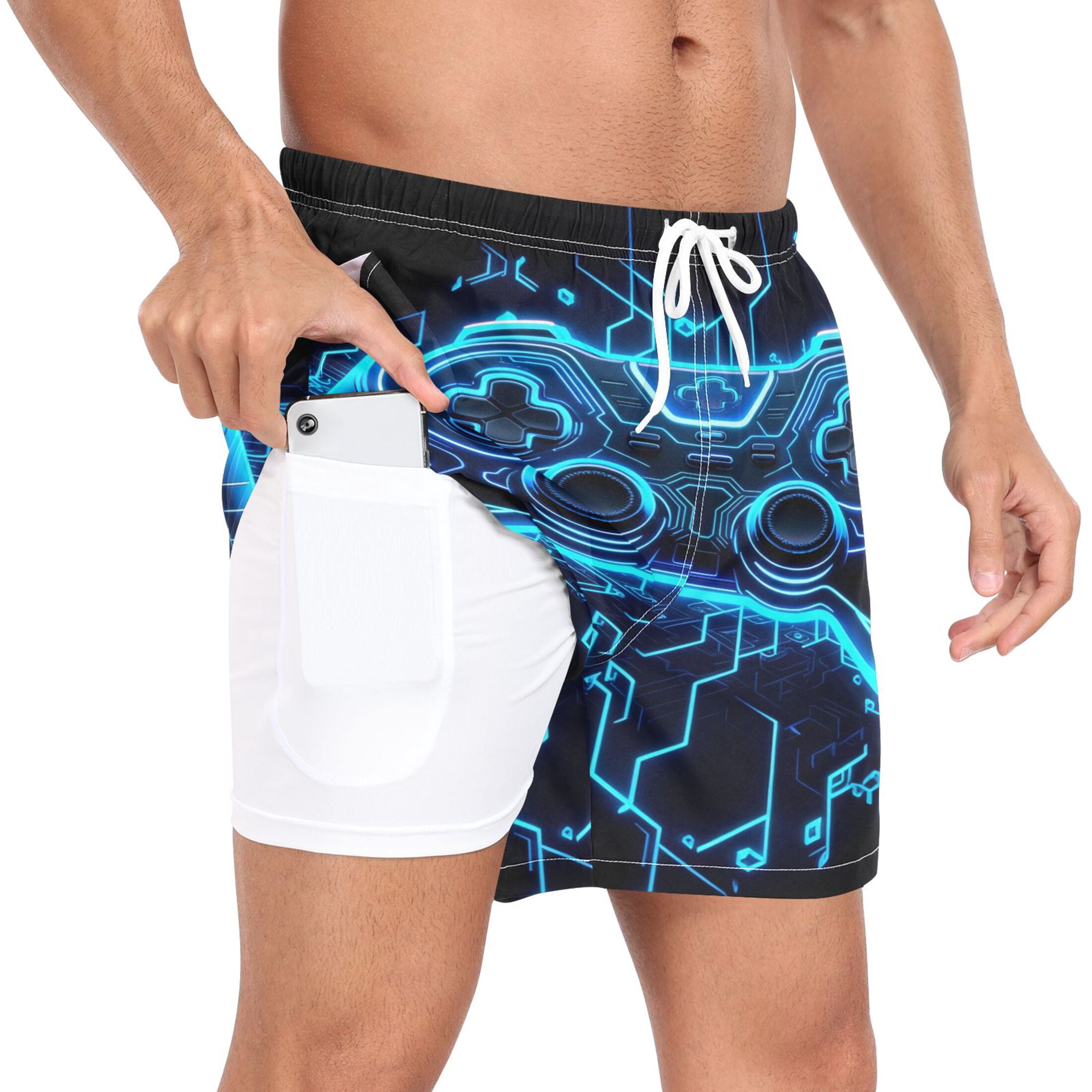 joogoo Men's Neon Game Controller Cool Swim Trunks with Liner Pocket Beach Shorts XX-Large