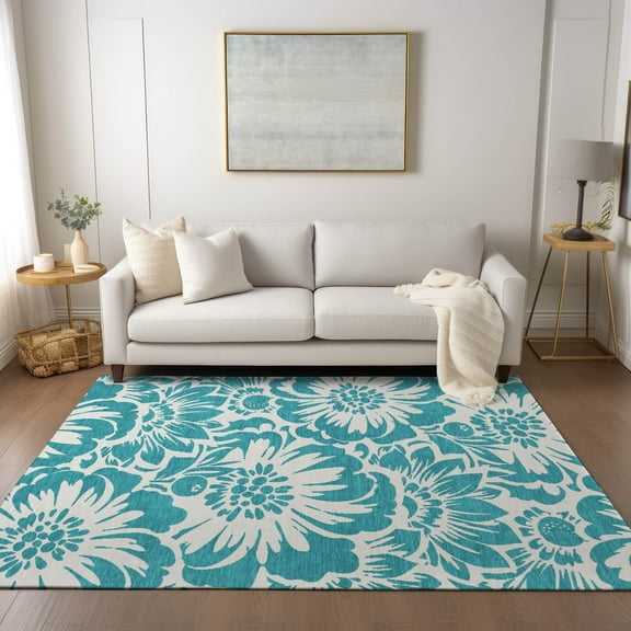 Addison Rugs Chantille Indoor/Outdoor Transitional Floral Teal Washable Rectangle Rug, 10' x 14'