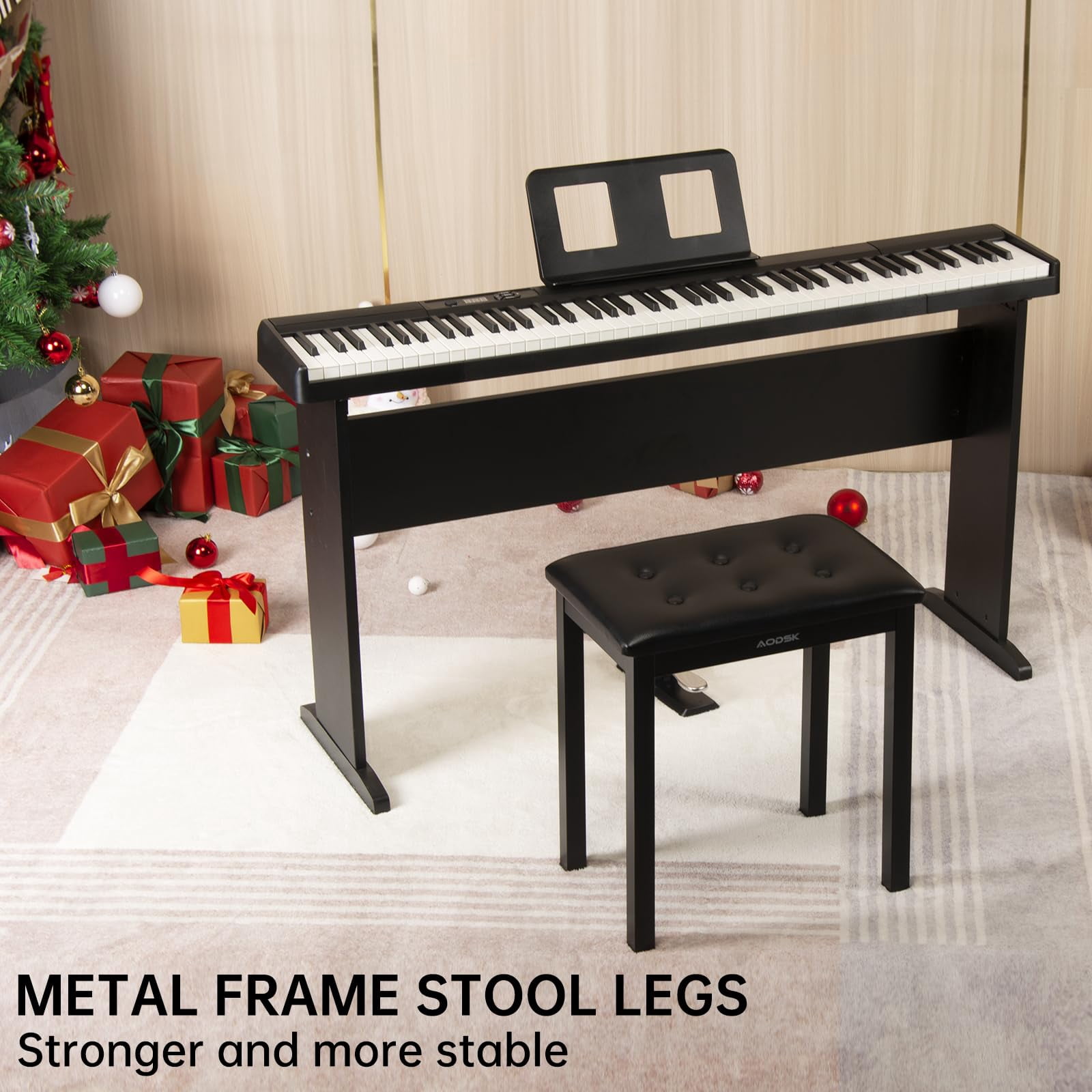 AODSK Piano Bench, PU Leather Padded Keyboard Stool, Sturdy Iron Leg Comfortable Piano Chair, 17.72×11.61×19.49 Inch, Black